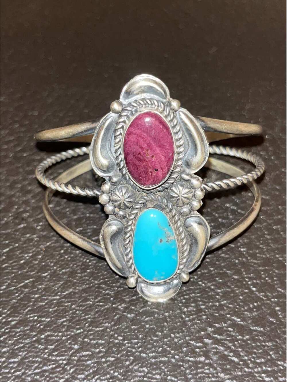 Navajo handmade sterling silver turquoise spiny oyster inlay bracelet